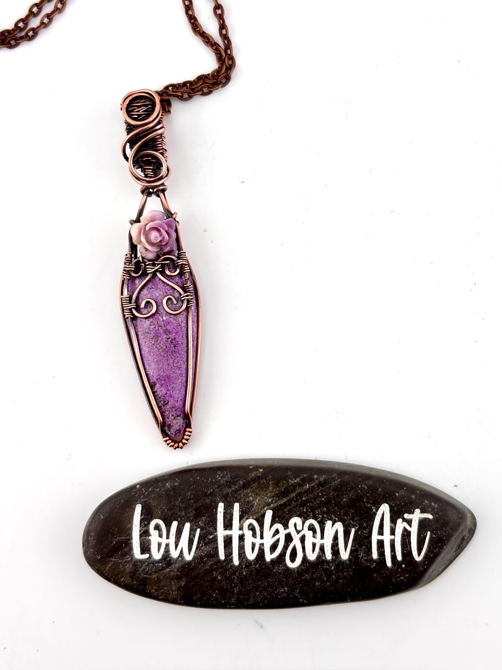 HANDMADE Stichtite Shell Powder Rose Copper Wire Wrapped Pendant Necklace